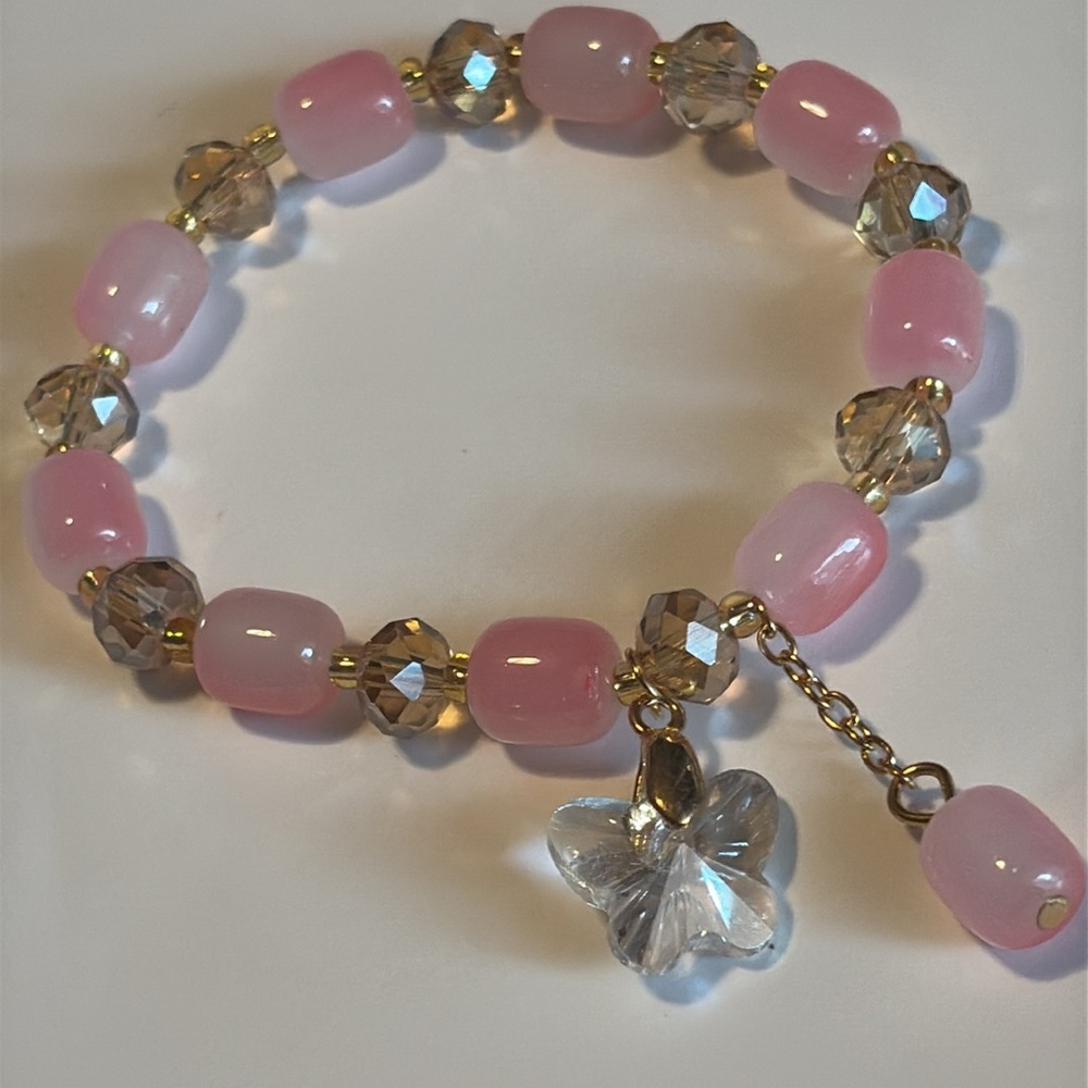 Elegant Light Pink Glass Beaded Bracelet with Butterfly Charm